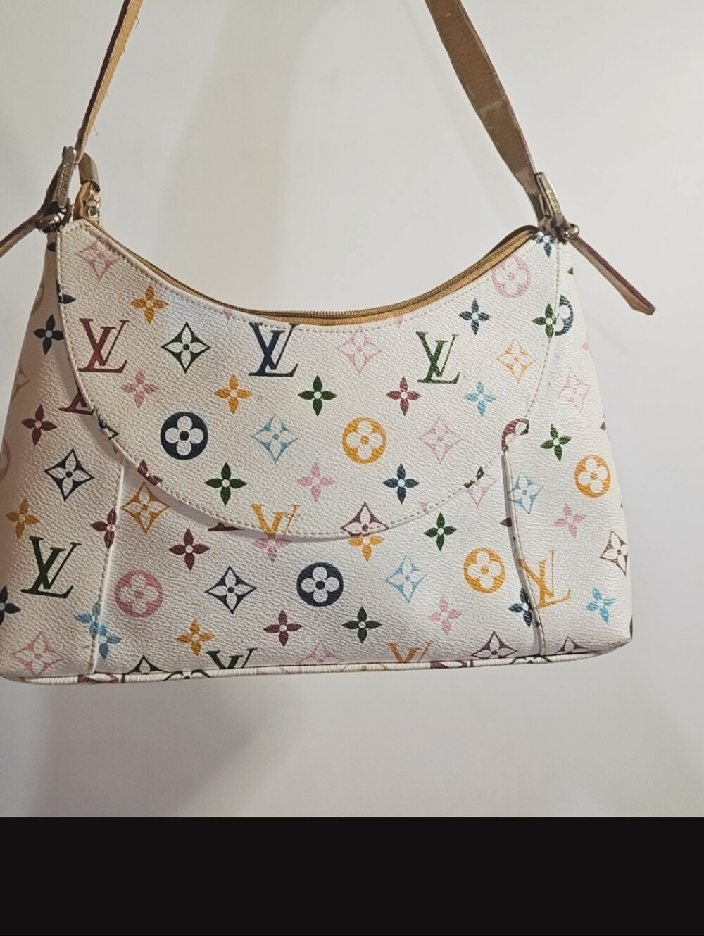 Designer Inspired Multicolor Monogram on White Shoulder Bag with Tan Strap SizeM